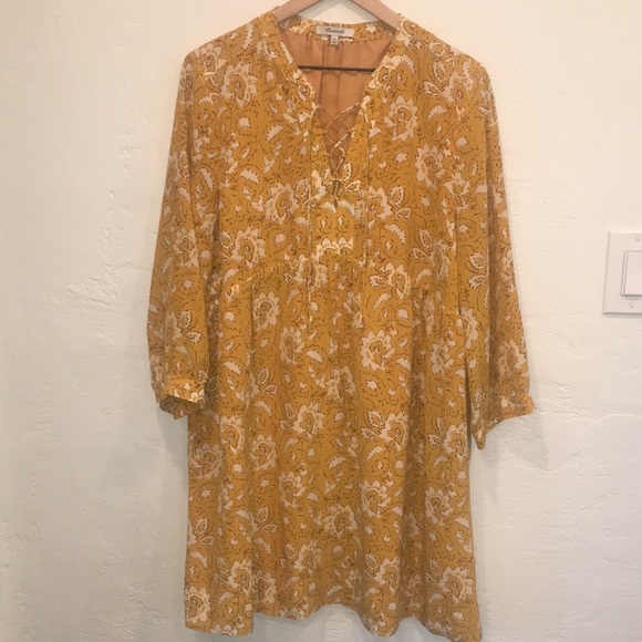 Madewell 100% Silk Boho Assam Floral Lace Up  3/4 Sleeve Dress XL - Picture 4 of 8